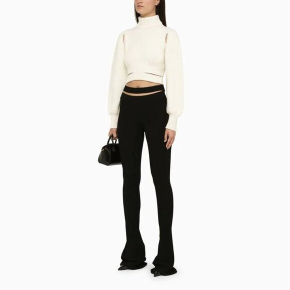Andrea Adamo Statement Stretchy Ribbed Knit Flared Pants With Waist Cutout